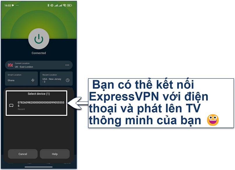 Ảnh chụp ứng dụng di động của ExpressVPN với tùy chọn phát hình từ di động sang smart TV