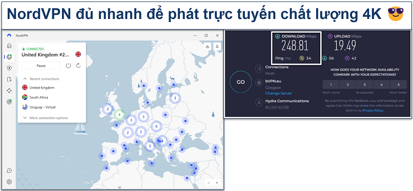 Ảnh chụp kết quả kiểm tra tốc độ với NordVPN kết nối tới máy chủ tại Glasgow