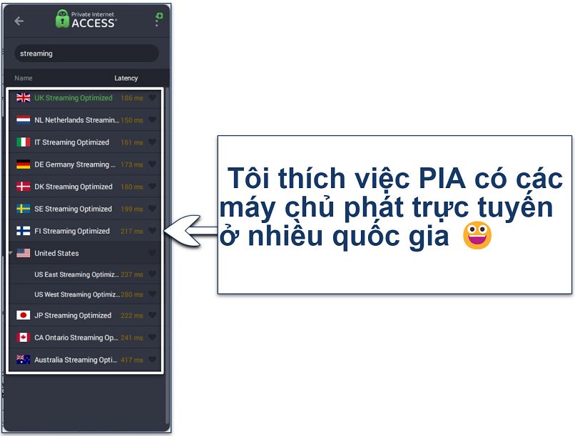 Ảnh chụp màn hình ứng dụng PIA hiển thị các máy chủ phát trực tuyến