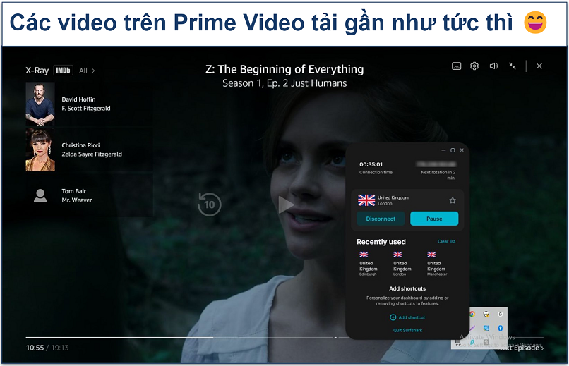 Ảnh chụp màn hình cho thấy chương trình đang chạy trên Amazon Prime Video với Surfshark kết nối tới máy chủ ở Anh