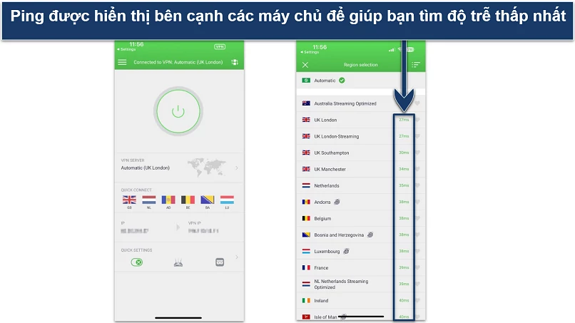Screenshot of PIA's iOS app showing the home page and server list