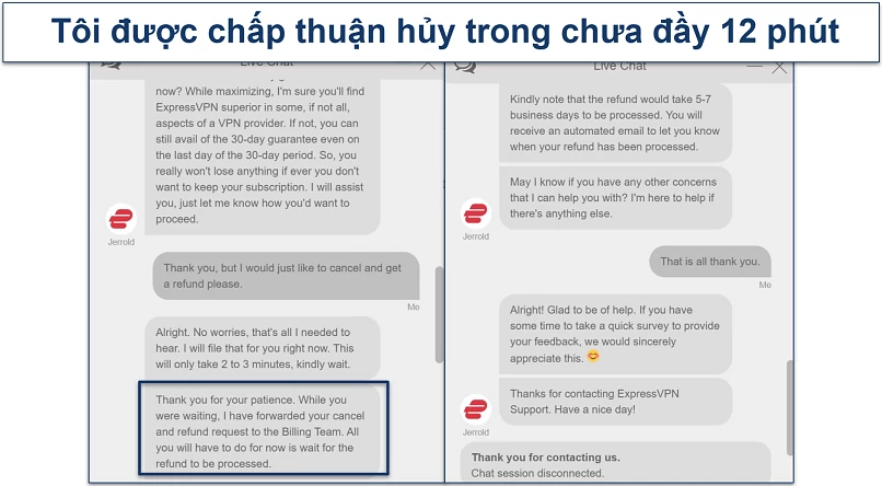 Screenshot of a conversation with ExpressVPN customer support where they approved our cancellation and refund