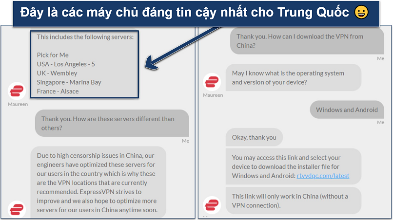 Ảnh chụp màn hình cuộc trò chuyện với nhân viên hỗ trợ trực tuyến của ExpressVPN về việc sử dụng VPN ở Trung Quốc