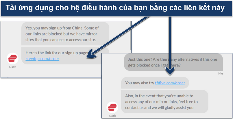 Ảnh chụp màn hình cuộc trò chuyện với dịch vụ hỗ trợ trực tiếp của ExpressVPN về các URL phản chiếu tại Trung Quốc