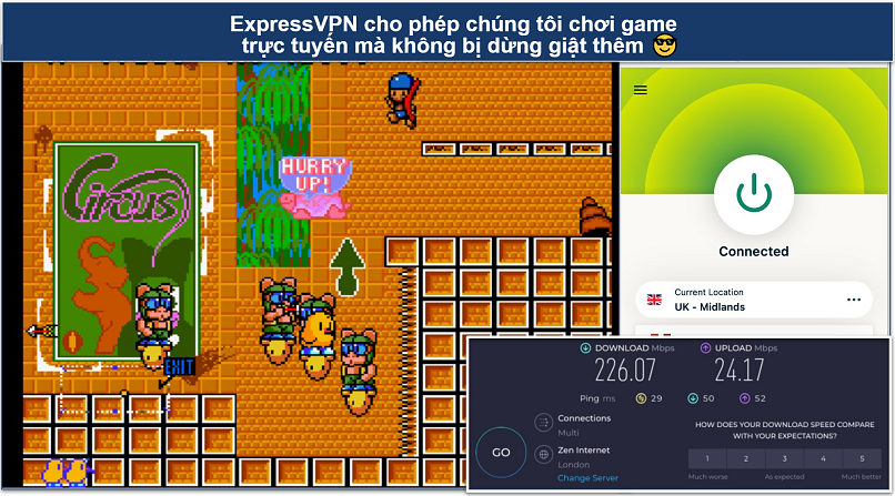 Screenshot showing the ExpressVPN app connected to a UK server over a retro game