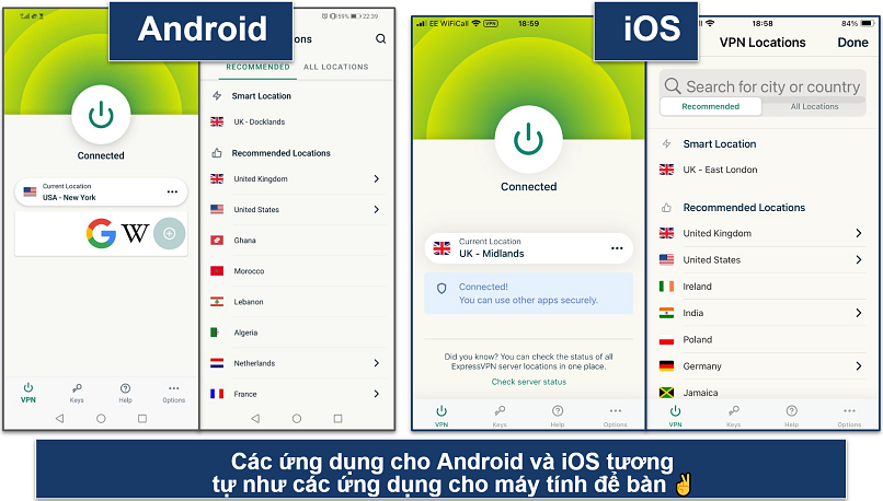 Screenshots of the Android and iOS ExpressVPN apps