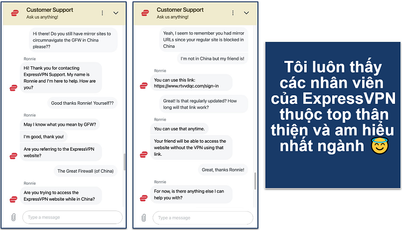 Screenshot showing a chat with the ExpressVPN customer service