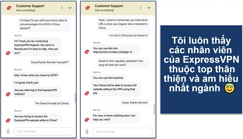 Screenshot showing a chat with the ExpressVPN customer service