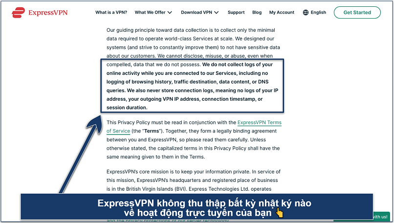 Screenshot showing the ExpressVPN privacy policy