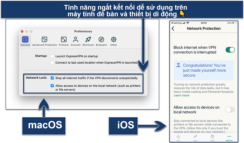 Screenshot showing how to activate the kill switch on ExpressVPN's desktop and mobile apps