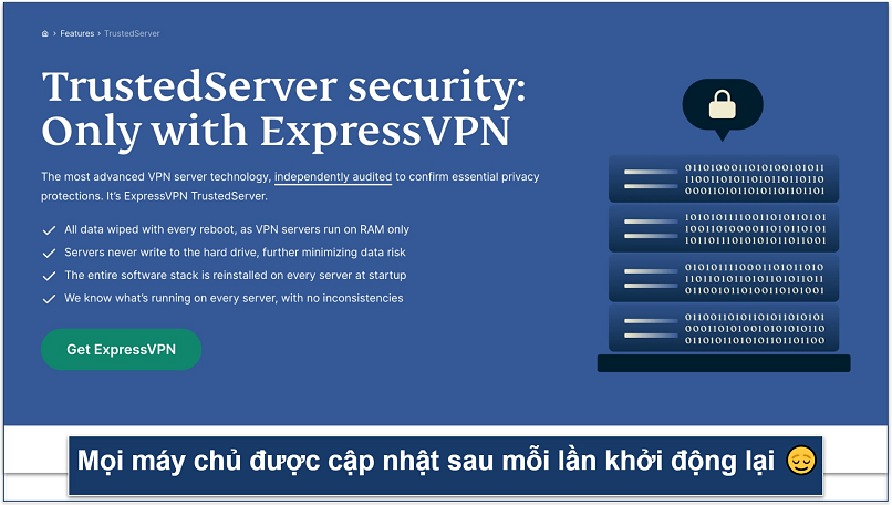 Screenshot displaying a page from ExpressVPN's website where it explains its TrustedServer technology