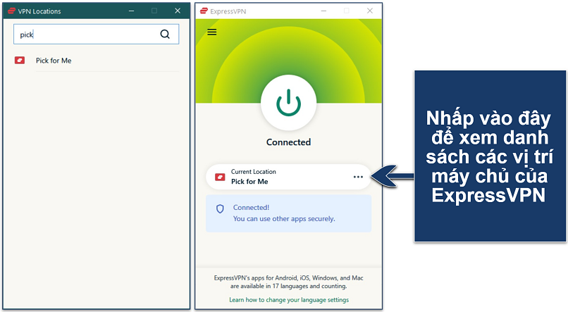 Ảnh chụp giao diện Windows của ExpressVPN hiển thị tùy chọn máy chủ Pick for Me