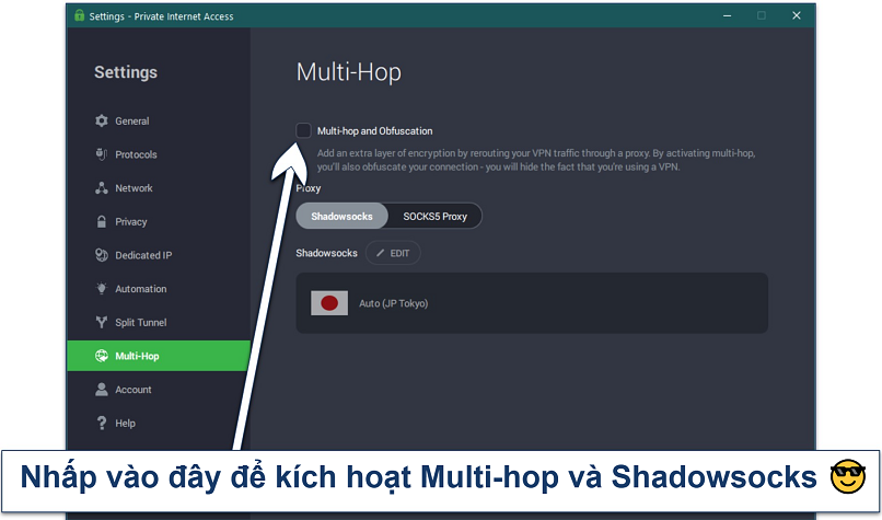 Ảnh chụp tính năng Multi-hop và Shadowsocks của PIA trên Windows