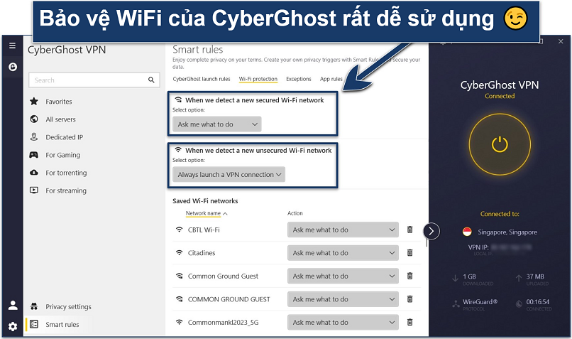 Screenshot of the CyberGhost windows app with its WiFi Protection settings