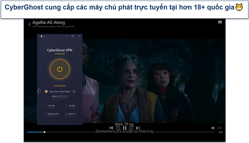 Screenshot of Agatha all along streaming on Disney+ with CyberGhost connected