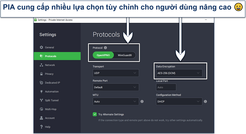 Ảnh chụp màn hình của ứng dụng Windows PIA cho thấy các tính năng bảo mật tùy chỉnh