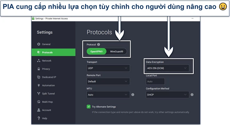 Ảnh chụp màn hình của ứng dụng Windows PIA cho thấy các tính năng bảo mật tùy chỉnh