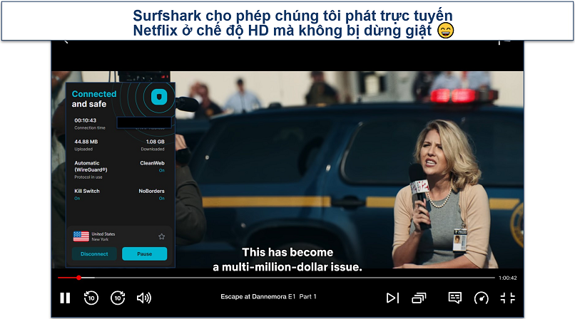 Ảnh chụp màn hình cho thấy Surfshark phát trực tuyến Netflix US bằng máy chủ NYC của họ