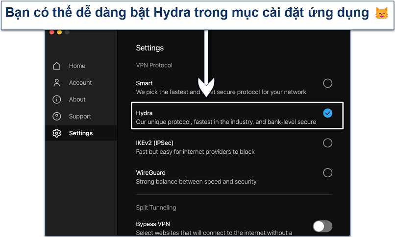 Screenshot showing how to enable Hotspot Shield's Hydra protocol