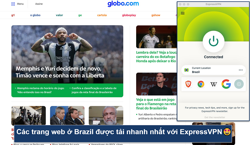 Screenshot showing the ExpressVPN app connected to a Brazil server over the globo homepage