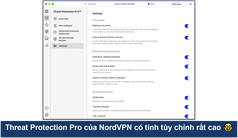 Screenshot showing the settings for NordVPN's Threat Protection Pro