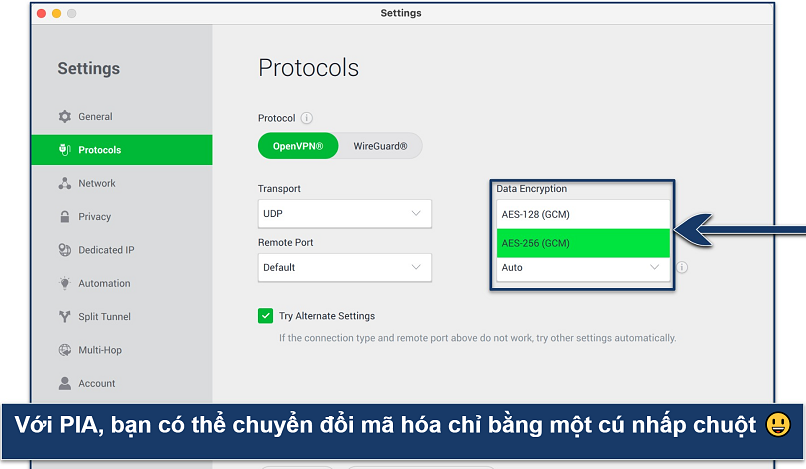 Screenshot showing the Protocols panel in PIA's Settings