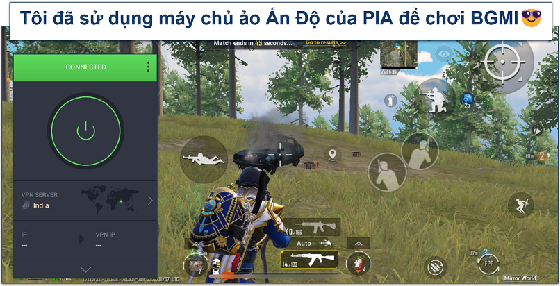 Screenshot of BGMI gameplay with PIA connected
