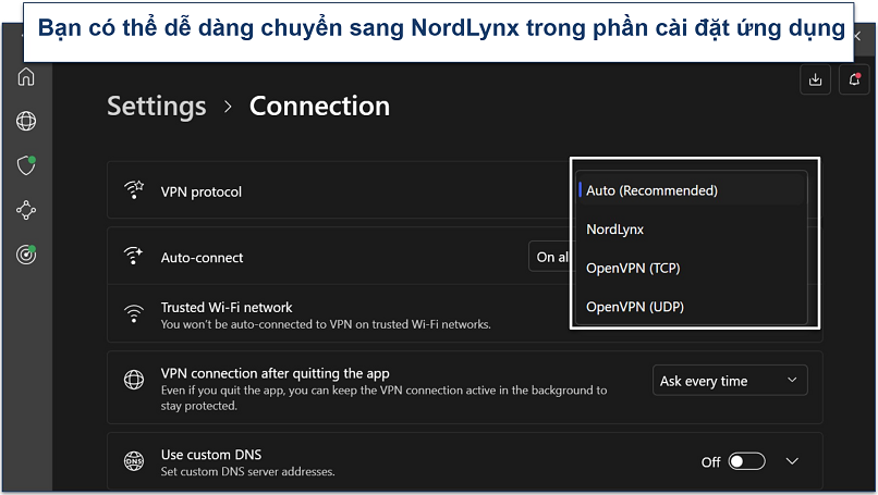 A screenshot showing how to select NordLynx