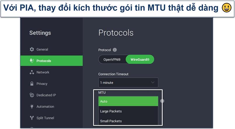 A screenshot showing how to select PIA's MTU