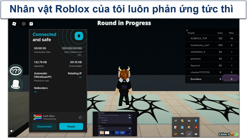 A screenshot showing a Roblox session with Surfshark connected