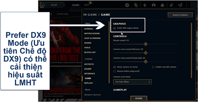 Screenshot of enabling Prefer DX9 Legacy Mode in LoL