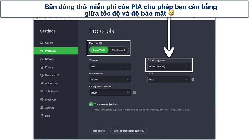 Screenshot of PIA's Windows app showing customizable features