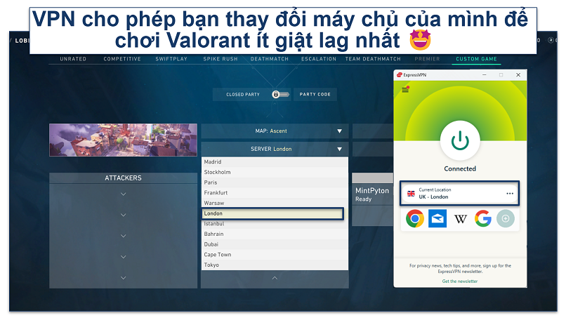 Screenshot showing Valorant and ExpressVPN using the same server