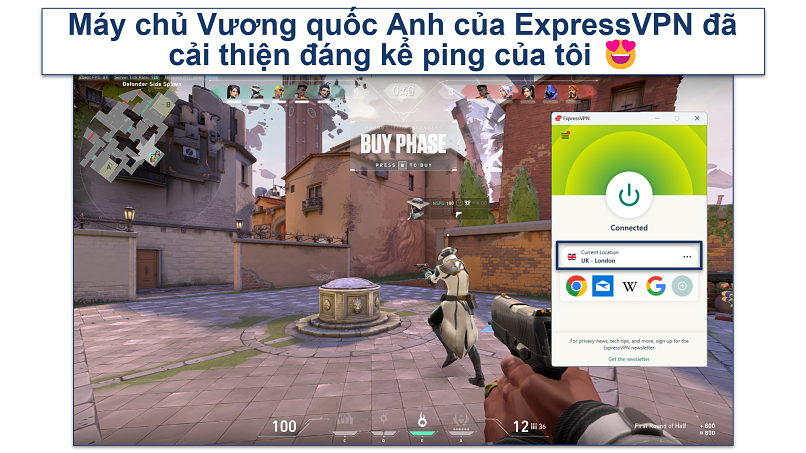Screenshot showing how ExpressVPN provides low ping in Valorant