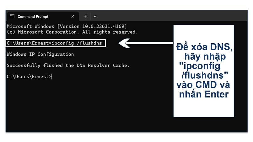 Screenshot showing how to flush DNS on Windows
