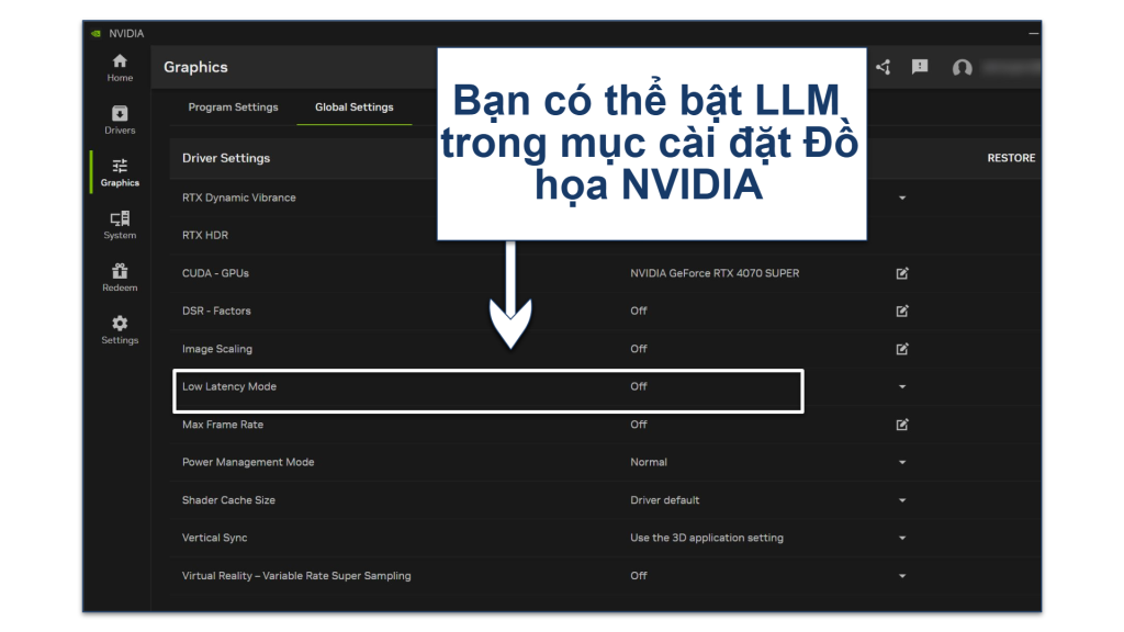 Screenshot showing how to enable NVIDIA's low latency mode