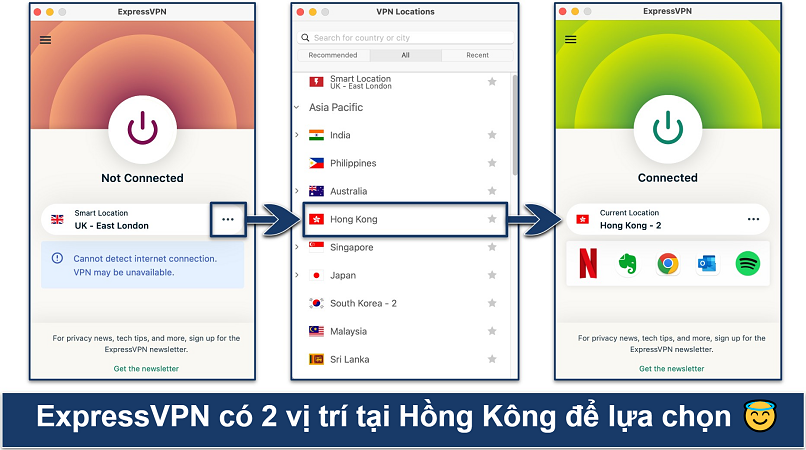 A screenshot showing how to connect to a Hong Kong server with ExpressVPN's Windows app