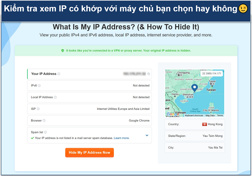 A screenshot with the results of an IP test tool showing success while connected to the ExpressVPN Hong Kong server