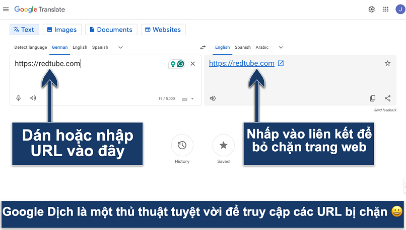 Screenshot showing the Google Translate interface typing in RedTube
