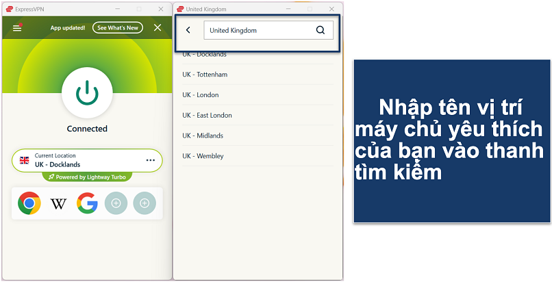 A screenshot showing how to connect to a specific server in the ExpressVPN app