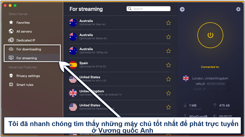 Ảnh chụp màn hình các máy chủ được tối ưu hóa cho phát trực tuyến trên ứng dụng CyberGhost macOS