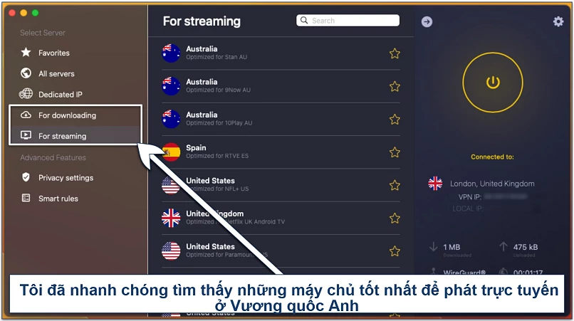 Ảnh chụp màn hình các máy chủ được tối ưu hóa cho phát trực tuyến trên ứng dụng CyberGhost macOS