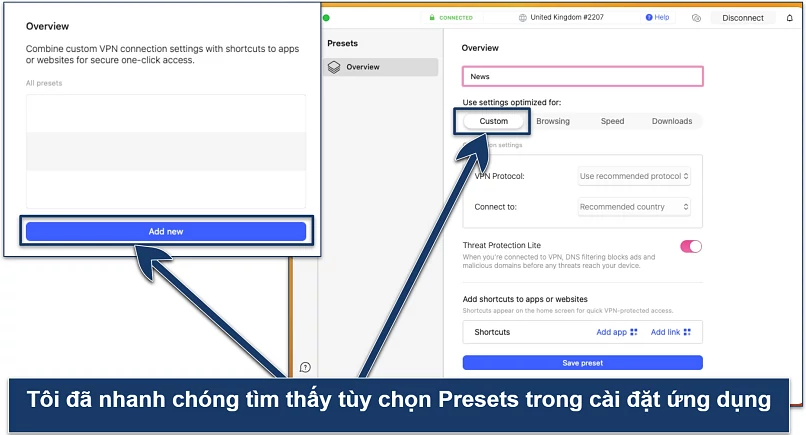 Màn hình chụp tính năng Thiết lập sẵn trong ứng dụng NordVPN