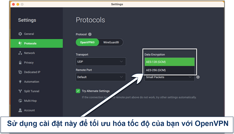 Screenshot of PIA's settings to customize encryption and protocols