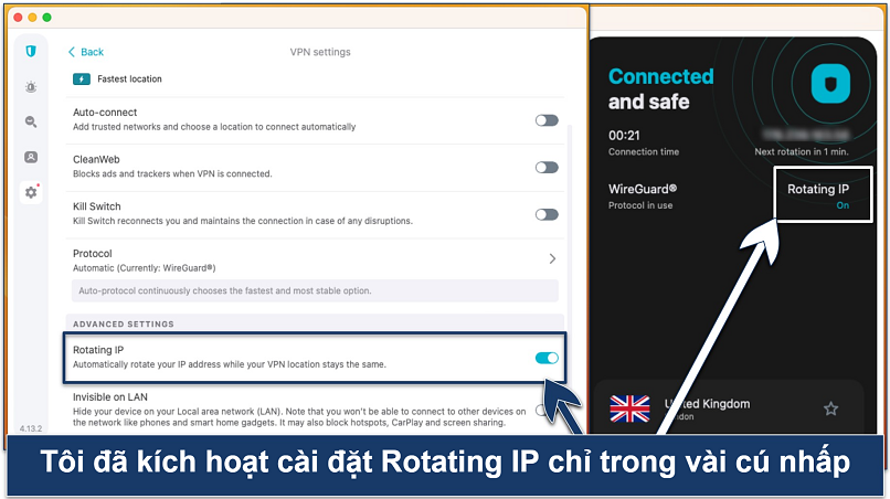 Ảnh chụp màn hình tính năng Đổi IP Thường Xuyên trong ứng dụng Surfshark