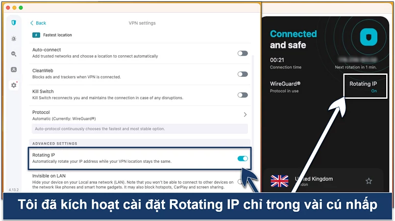 Ảnh chụp màn hình tính năng Đổi IP Thường Xuyên trong ứng dụng Surfshark