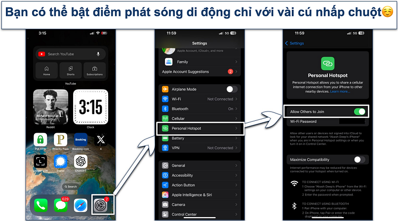 Screenshots showing how to activate a mobile hotspot on an iPhone