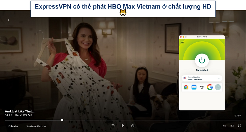 Screenshot of the movie streaming on HBO Max with the ExpressVPN app in the background