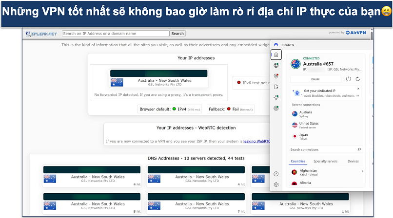 Screenshot of NordVPN's Windows app connected to the Australia Sydney server while leak tests are performed on ipleak.net