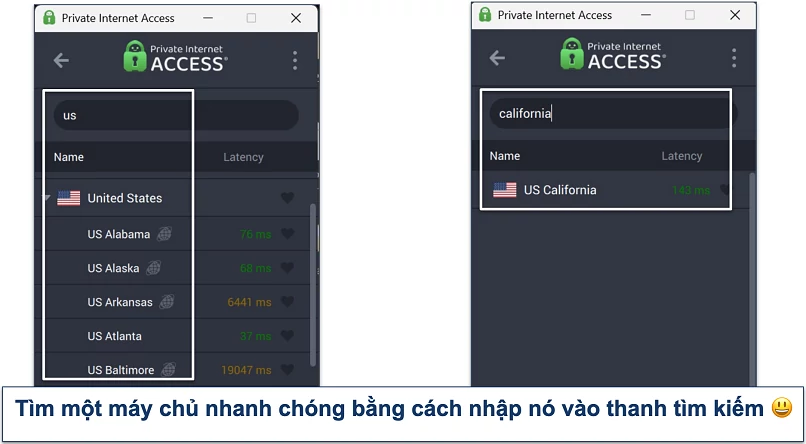 Screenshot of Private Internet Access' Windows app highlighting how to use the server search bar